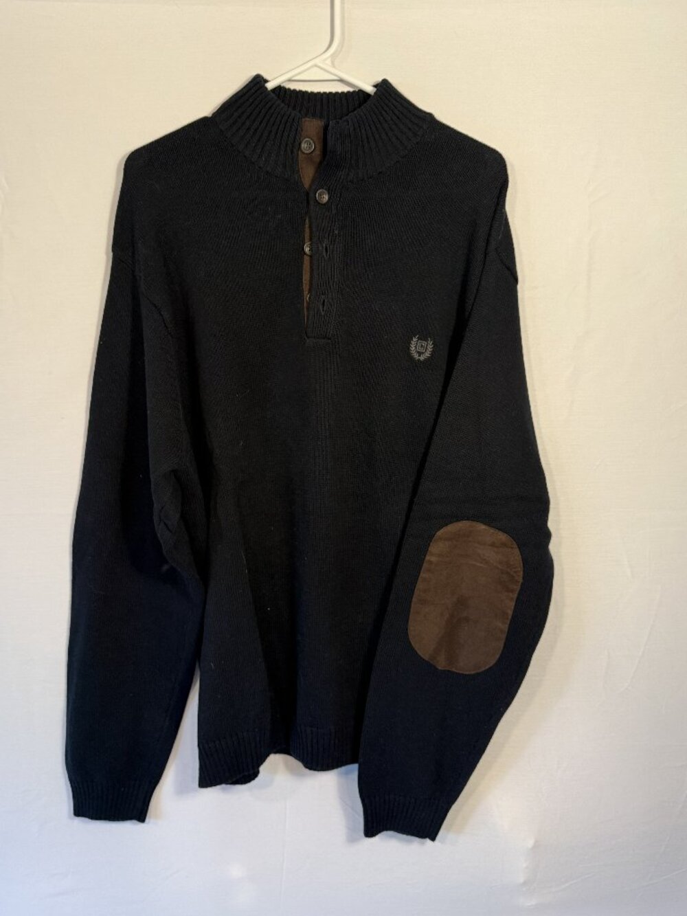 Chaps Men's Button Mock Neck Sweater Suede‎ Elbow Patches Black XL